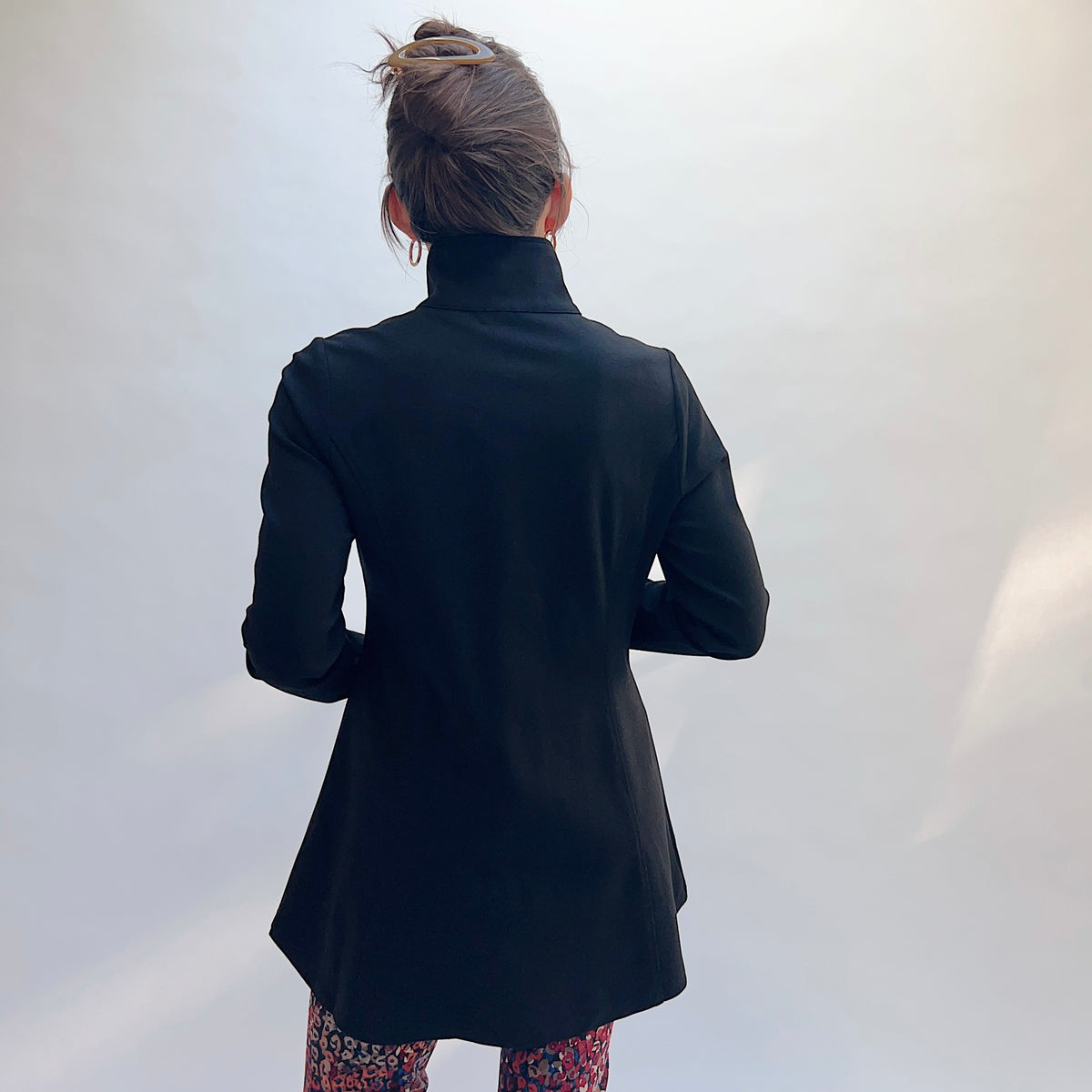 Habitat Luxe Ponte Soho Jacket in Black, back view showing the A-line hi-low hem and princess seam construction