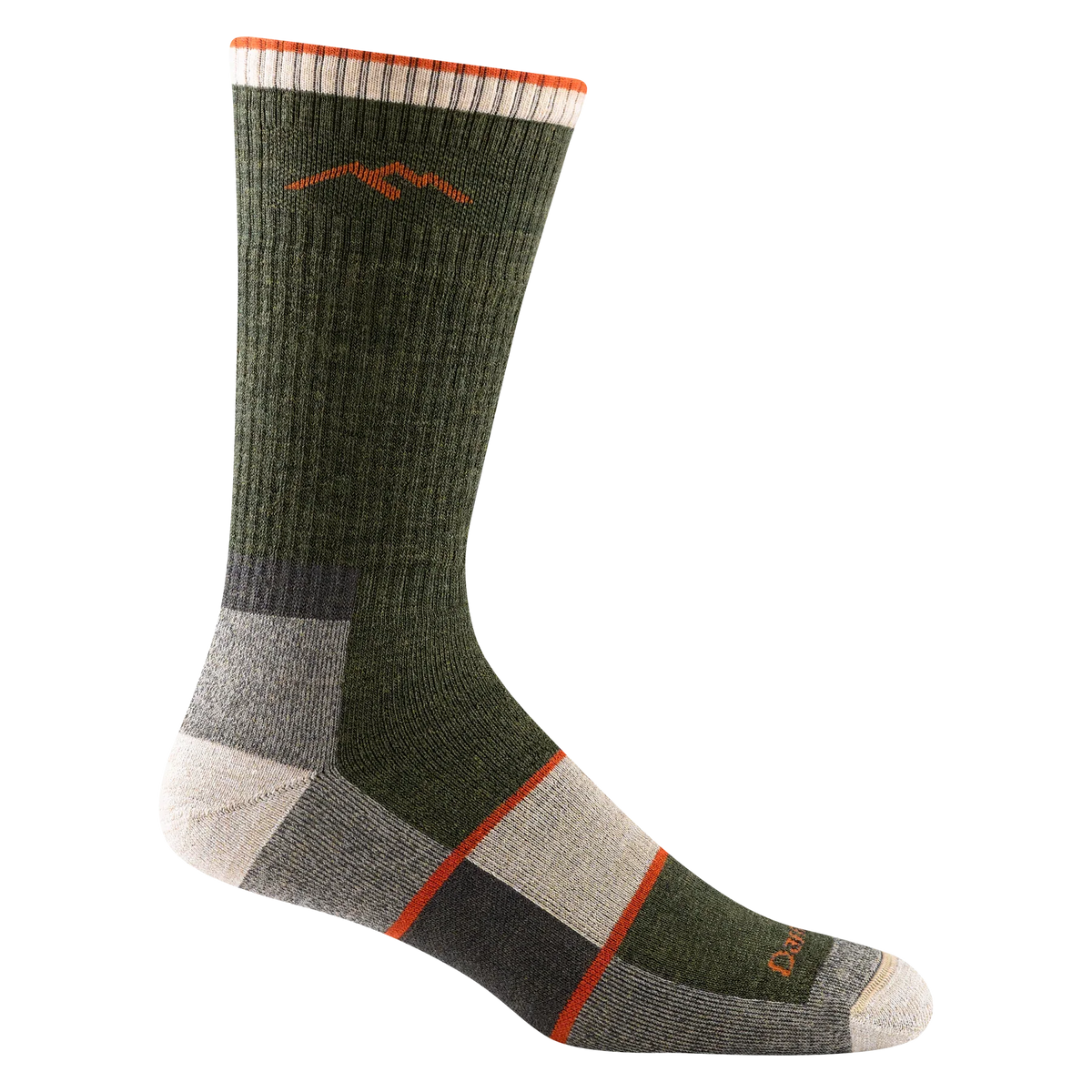 Green and gray sock with a mountain logo on a white background