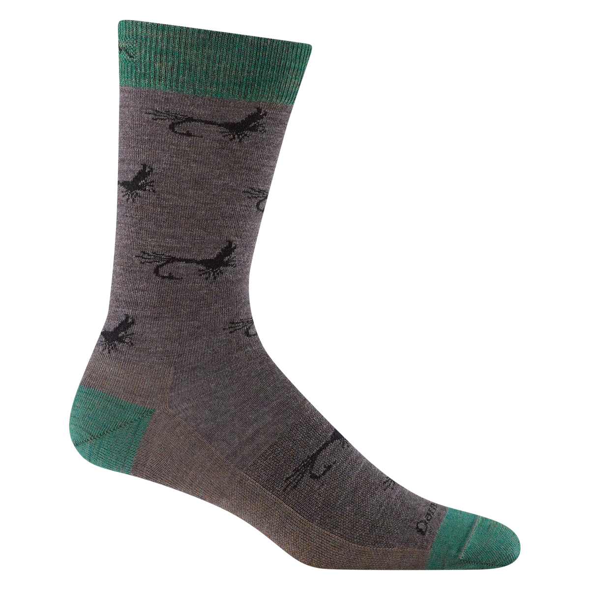 A single crew sock in heather gray with a black lizard pattern and green accents on the cuff, heel, and toe, shown on a plain white background.
