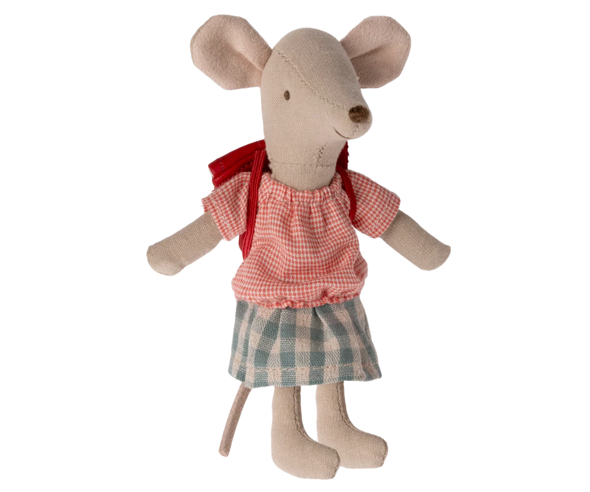 Maileg Tricycle Mouse Big Sister in Red — cotton mouse doll wearing a pink gingham blouse, blue plaid skirt, and a small red backpack, shown on a white background
