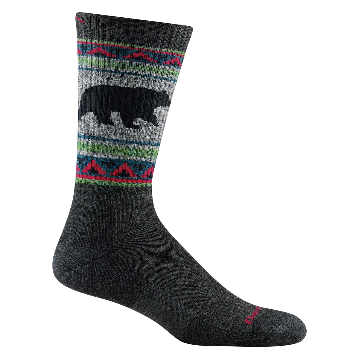 Gray sock with a bear design and colorful pattern on a white background