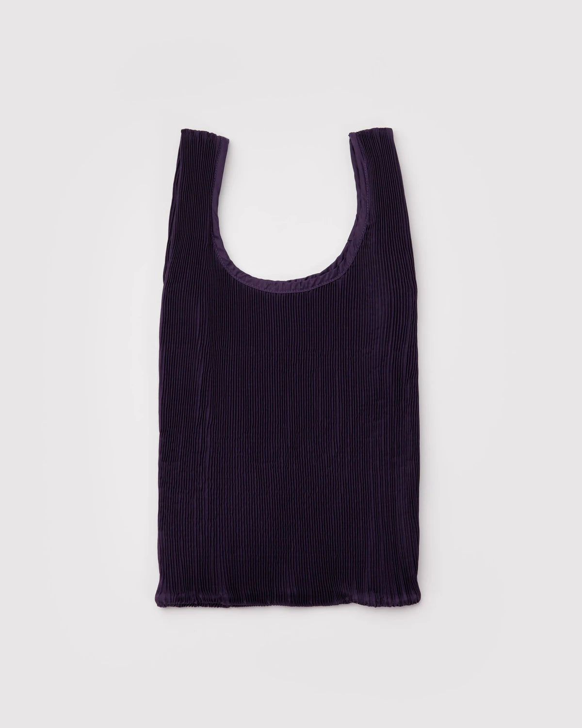 BAGGU Pleated Baggu in Fig, shown flat with two handles and fine vertical pleats in dark purple fabric.