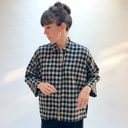 Eleven Stitch Big Check Big Shirt in Fennel, front view showing the point collar, chest pocket, and button-front placket in large fennel gingham check cotton flannel