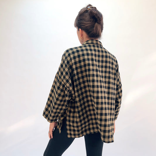 Eleven Stitch Big Check Big Shirt in Olive, back view showing the relaxed boxy silhouette and mustard contrast side vents in olive and black gingham check cotton flannel