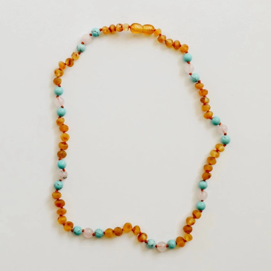 Raw Honey Baltic Amber and Natural Turquoise + Rose Quatrz Necklace