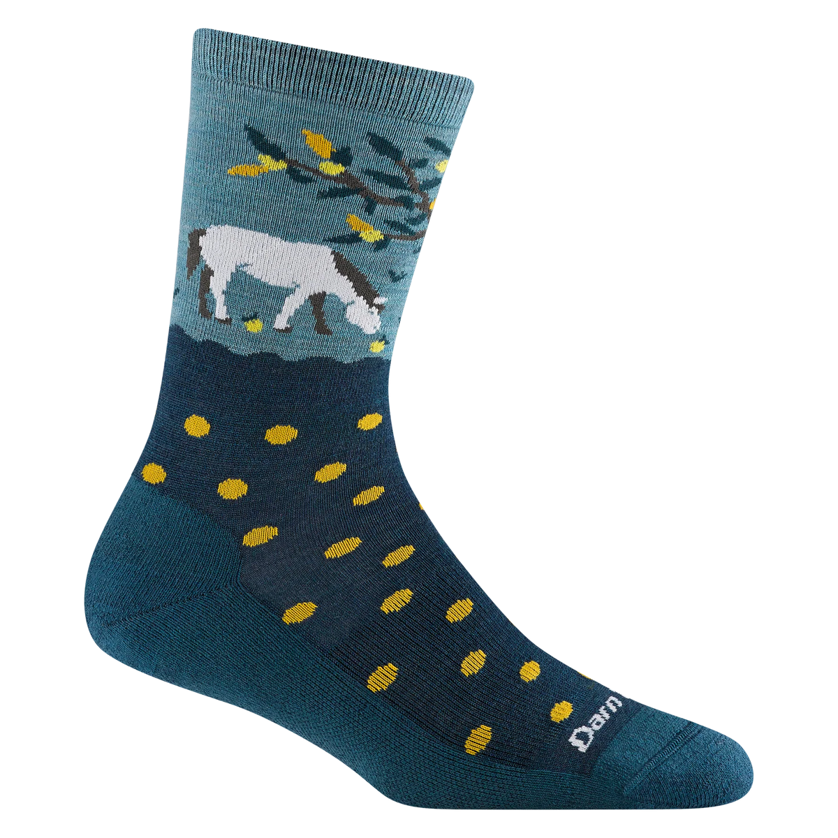 Darn Tough dark teal crew sock with a white horse beneath leafy branches, yellow accents, and yellow dots across the ankle and foot.