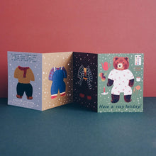 Load image into Gallery viewer, Greeting card with teddy bear illustration on a red and blue gradient background