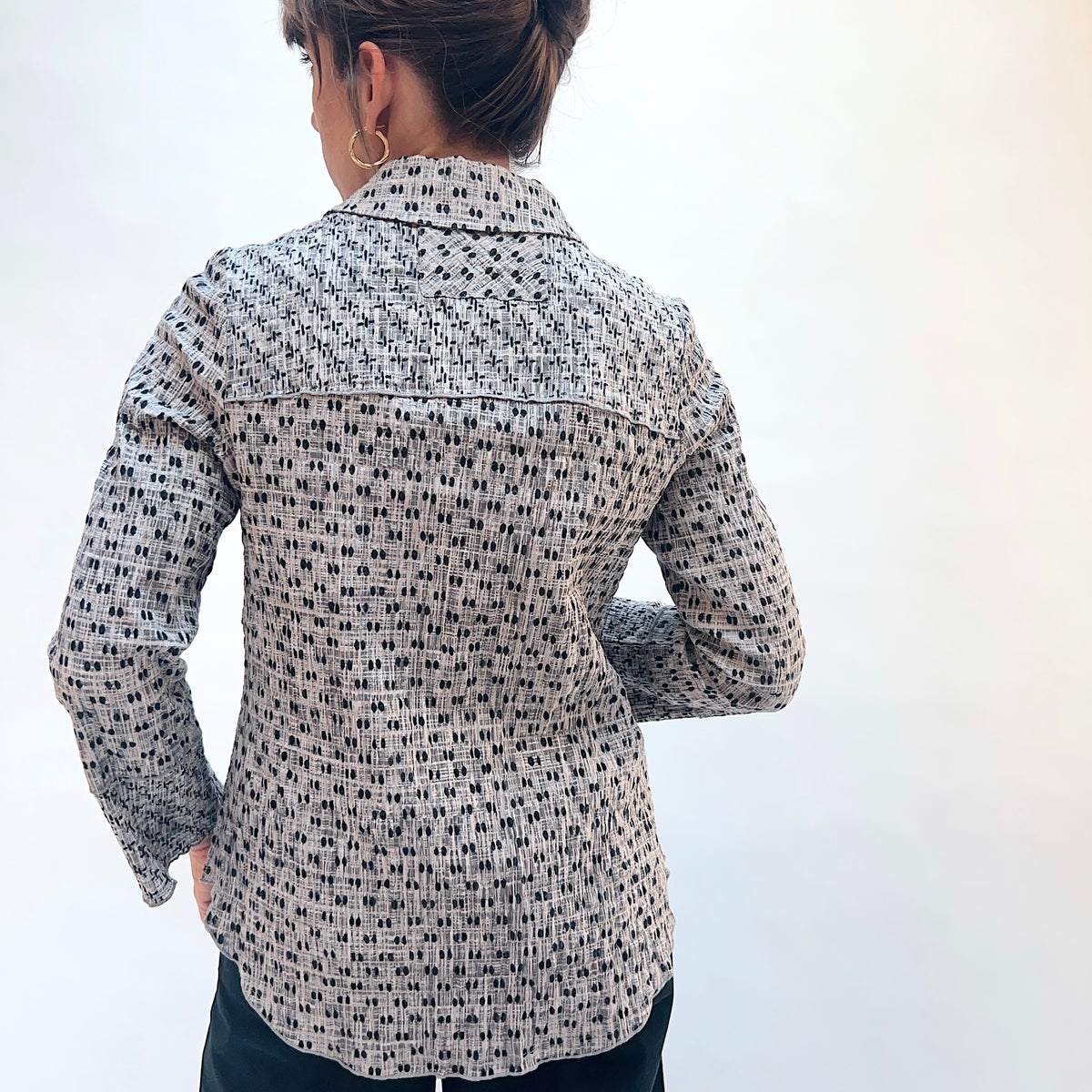 Habitat Mix & Match Geo Tunic in Mushroom, back view showing the relaxed collar, long sleeves with button cuffs, and geo dot-grid print