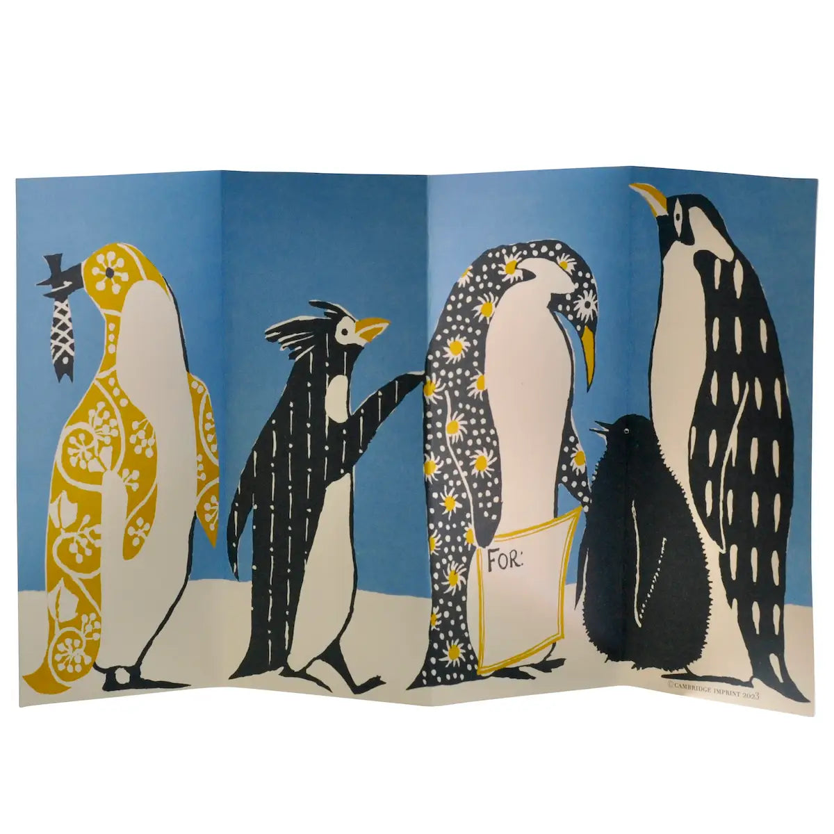 Card with penguin design on a blue background