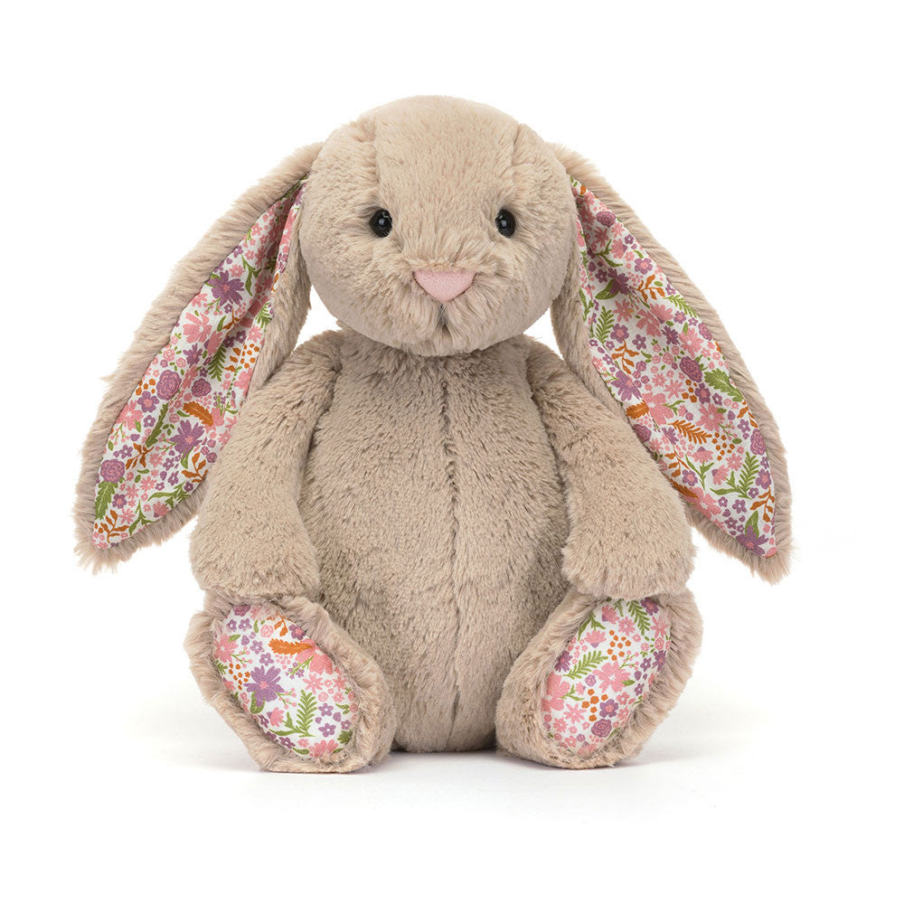 Jellycat Blossom Beige Bunny 'Petal' Original — front view of the larger original size, showing the beige plush body, long floppy ears with white floral lining in pink, purple, and orange, pink embroidered nose, black hard eyes, and floral paw pads, on a white background