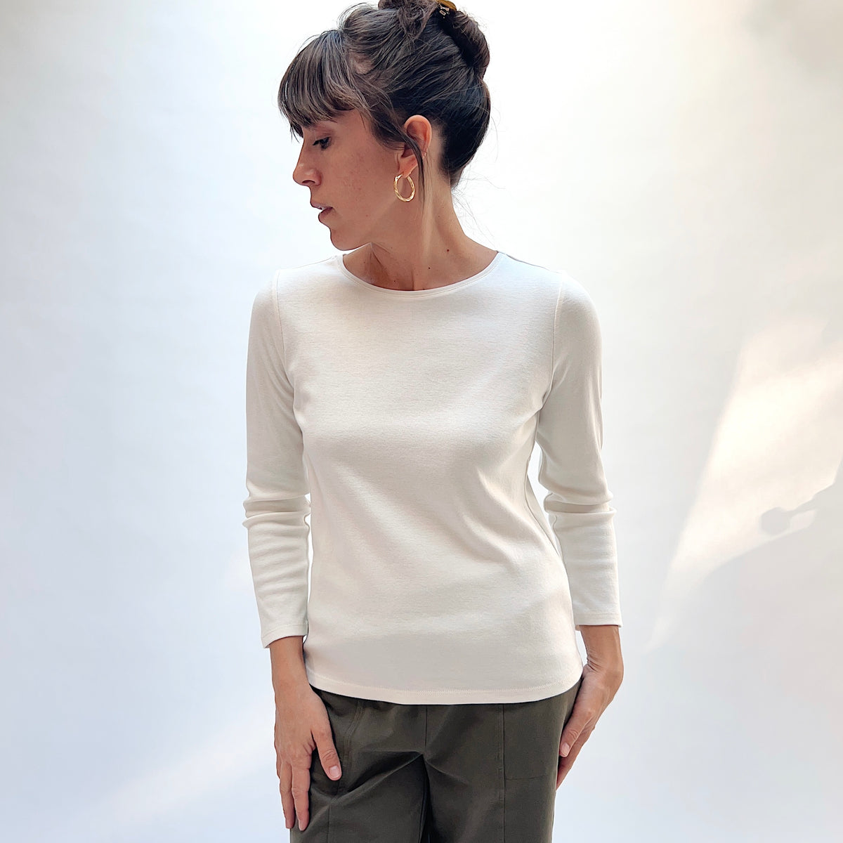 Habitat Rib Everyday Tee in Winter White, front side view showing the fitted ribbed fabric and 3/4 sleeves in winter white