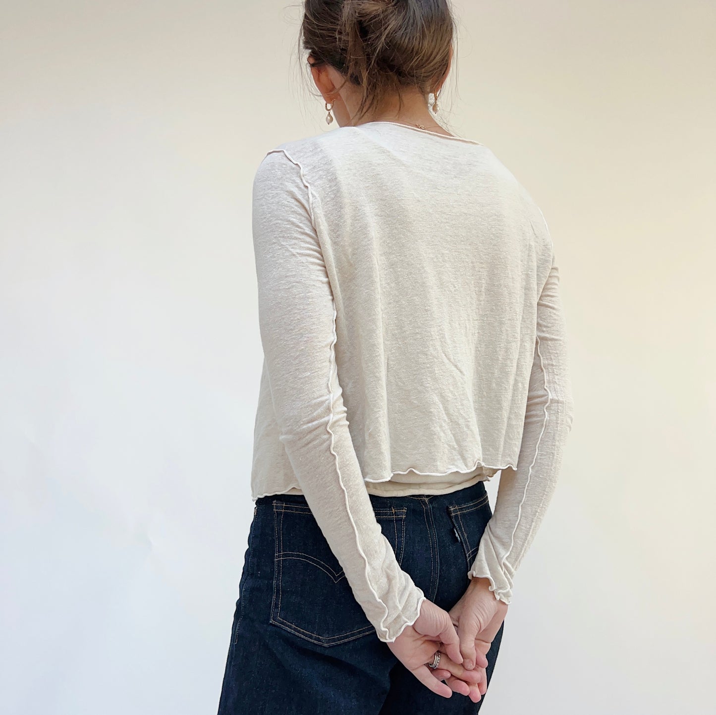 Cropped Fine Linen Blend Cardigan in Jicama