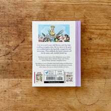 Load image into Gallery viewer, Back cover of Elsa Beskow's The Flowers' Festival. The illustration shows a yellow flower clad girl being carried on the shoulders of other flower dressed people.