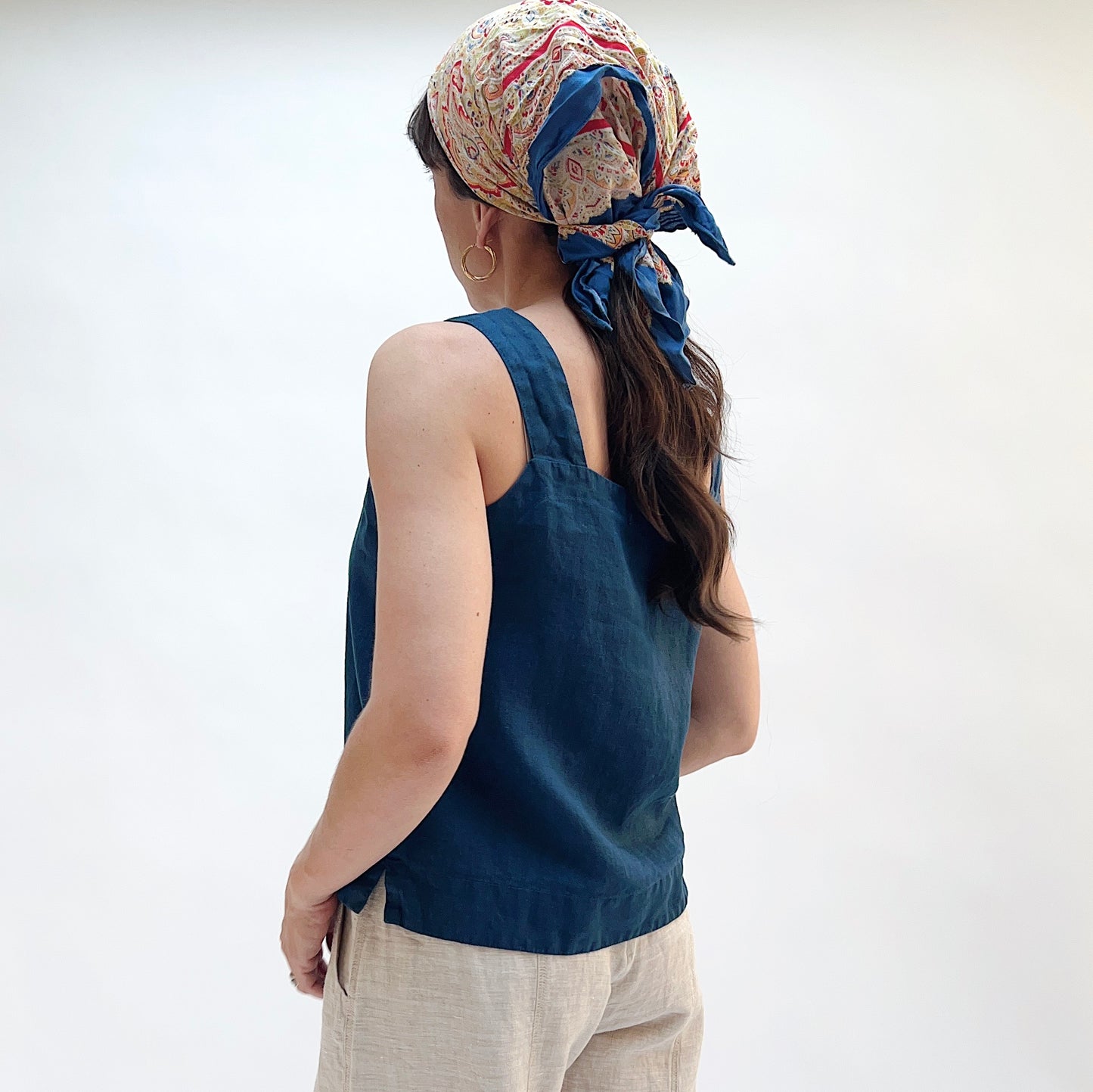 Square Neck Linen Tank in Naval