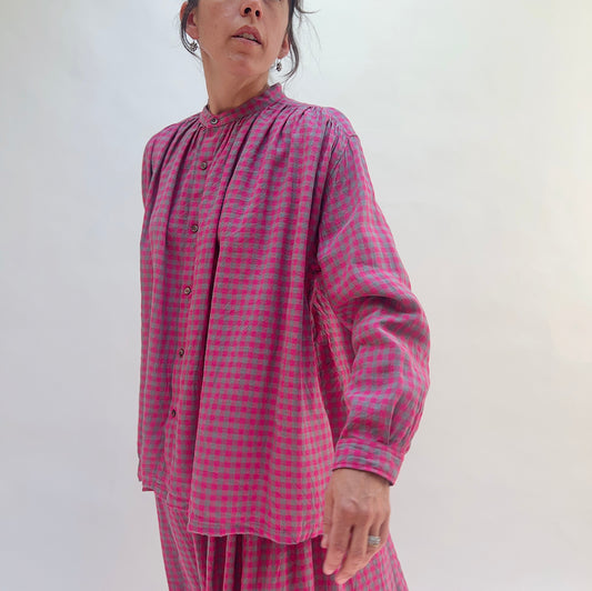 Woven Gingham Check Shirt in Bright Pink