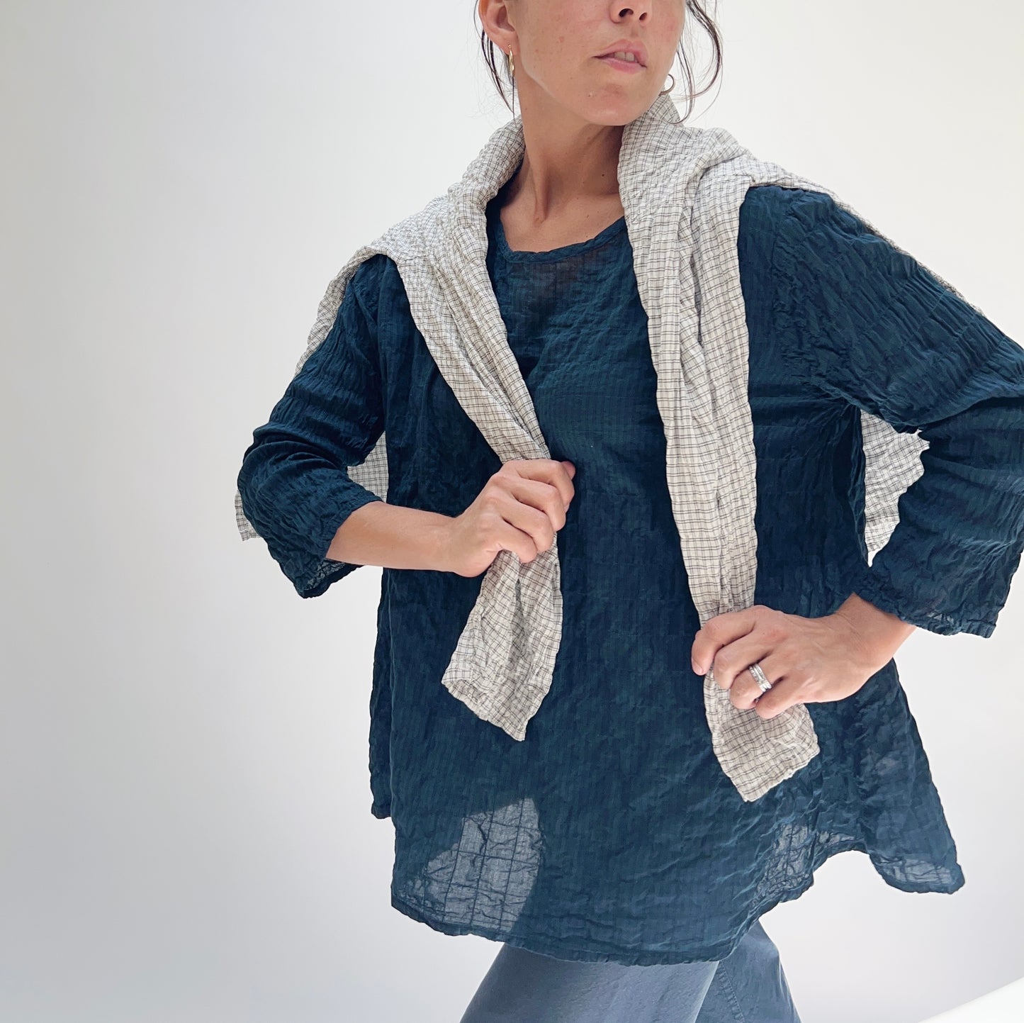 3/4 Sleeve A-Line Grid Top in Etan