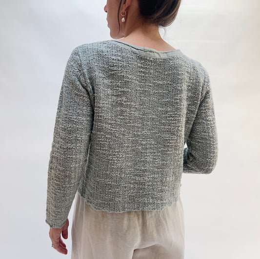 Linen and Knit Cropped Pocket Cardigan in Overcast