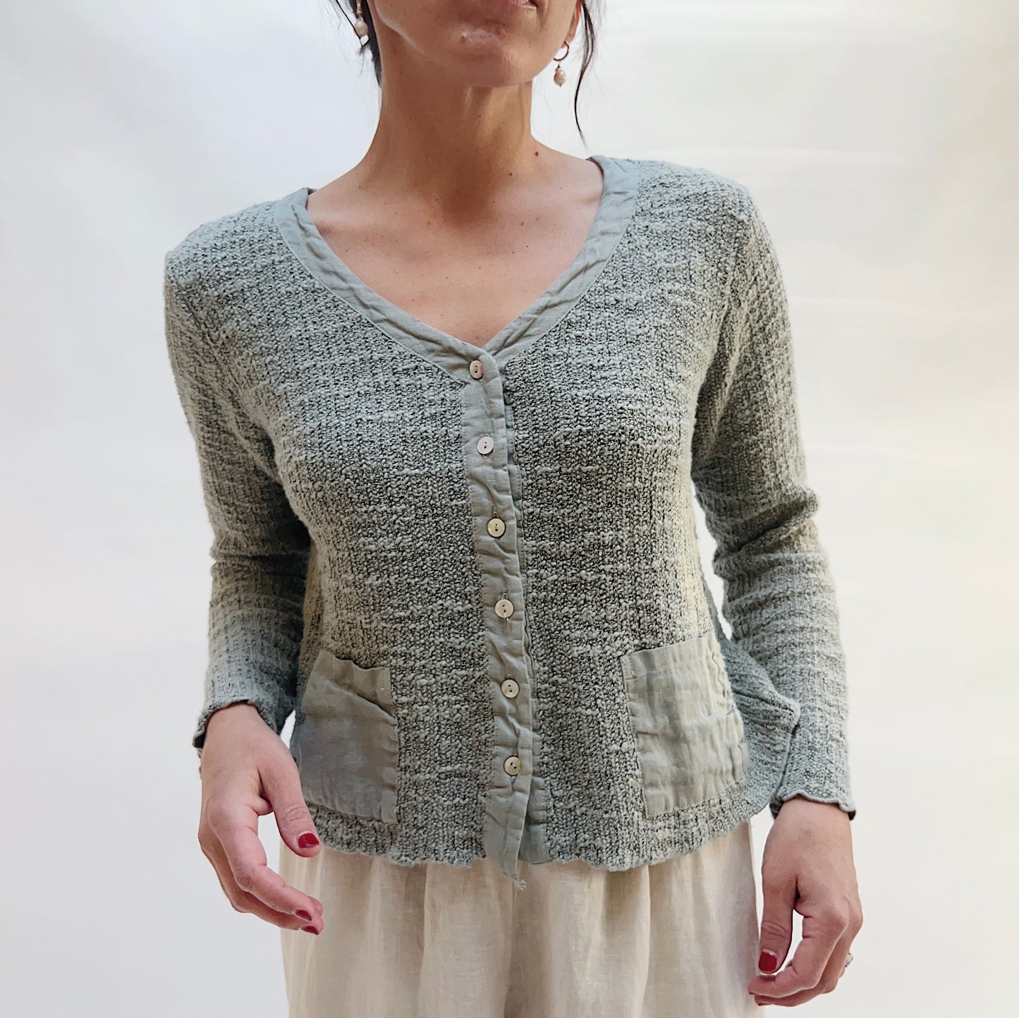 Linen and Knit Cropped Pocket Cardigan in Overcast