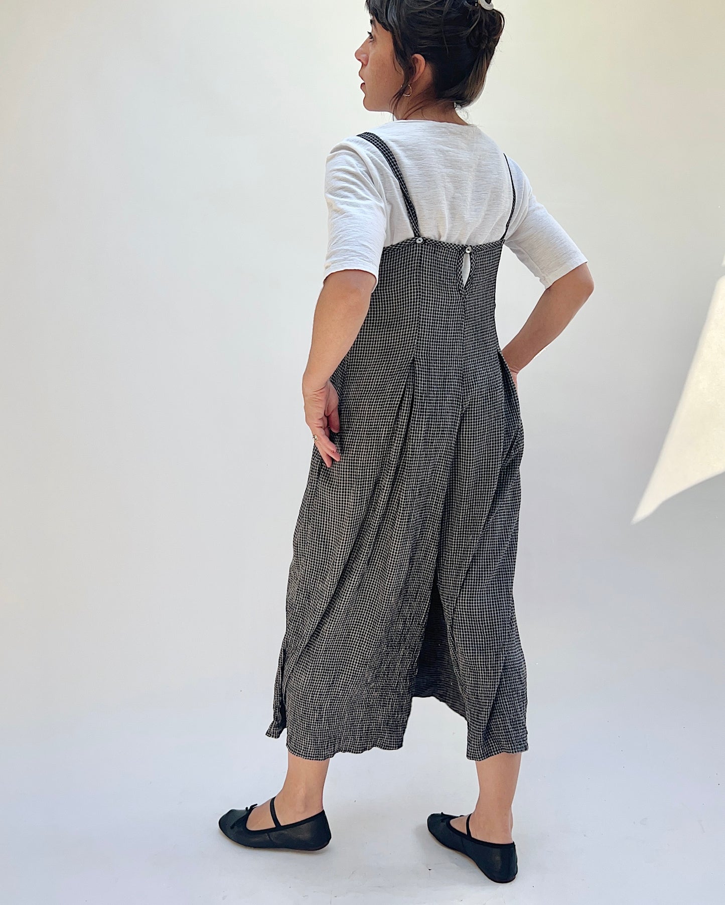 Crop Jumpsuit in Black Crinkle Mini Check