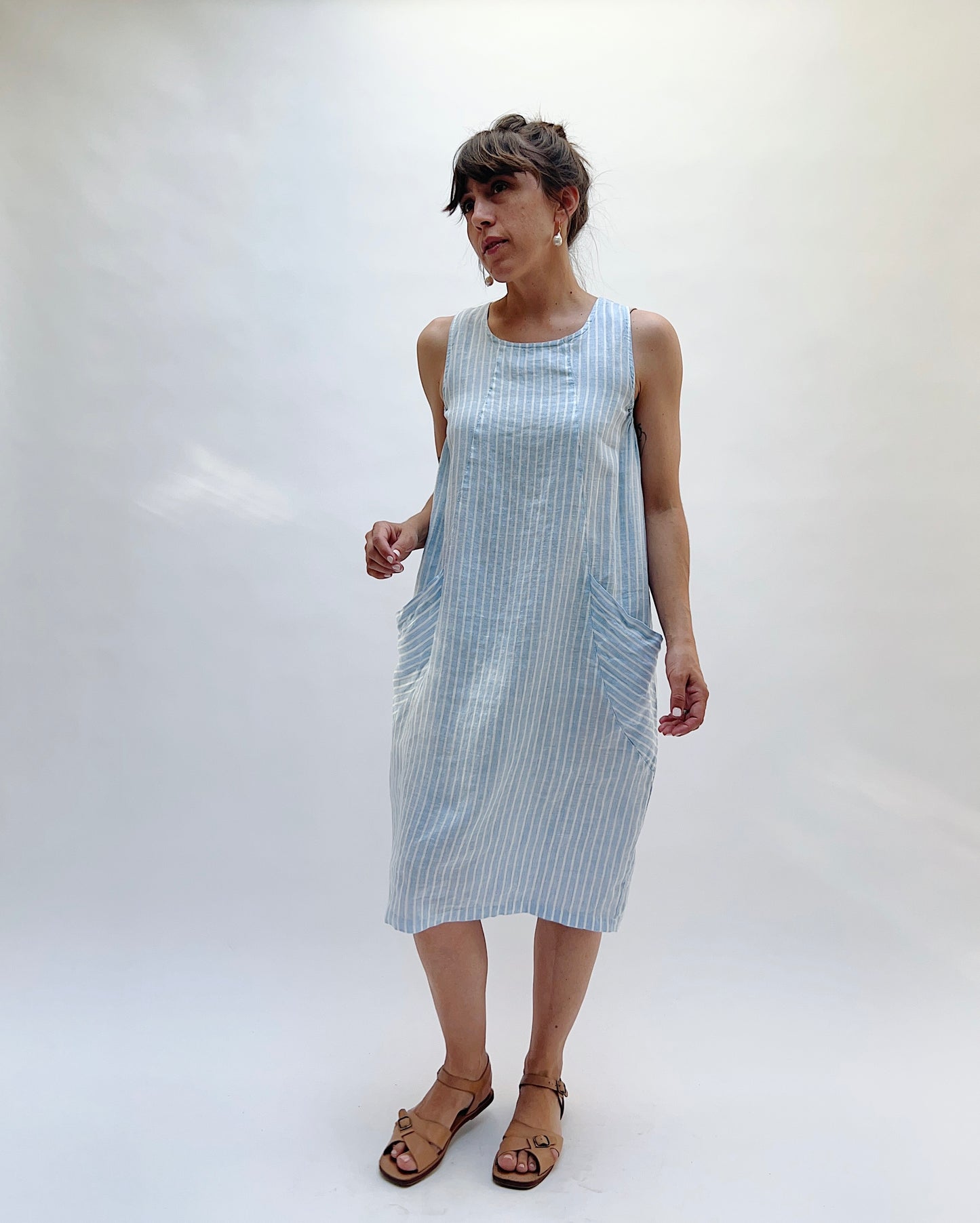 Pocket Shift Dress in Blue Stripes