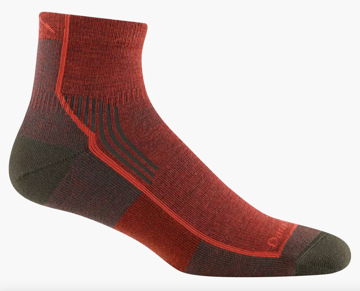 A single mid-calf athletic sock in a heathered red and dark gray color-blocked design, shown from a side profile on a light gray background.