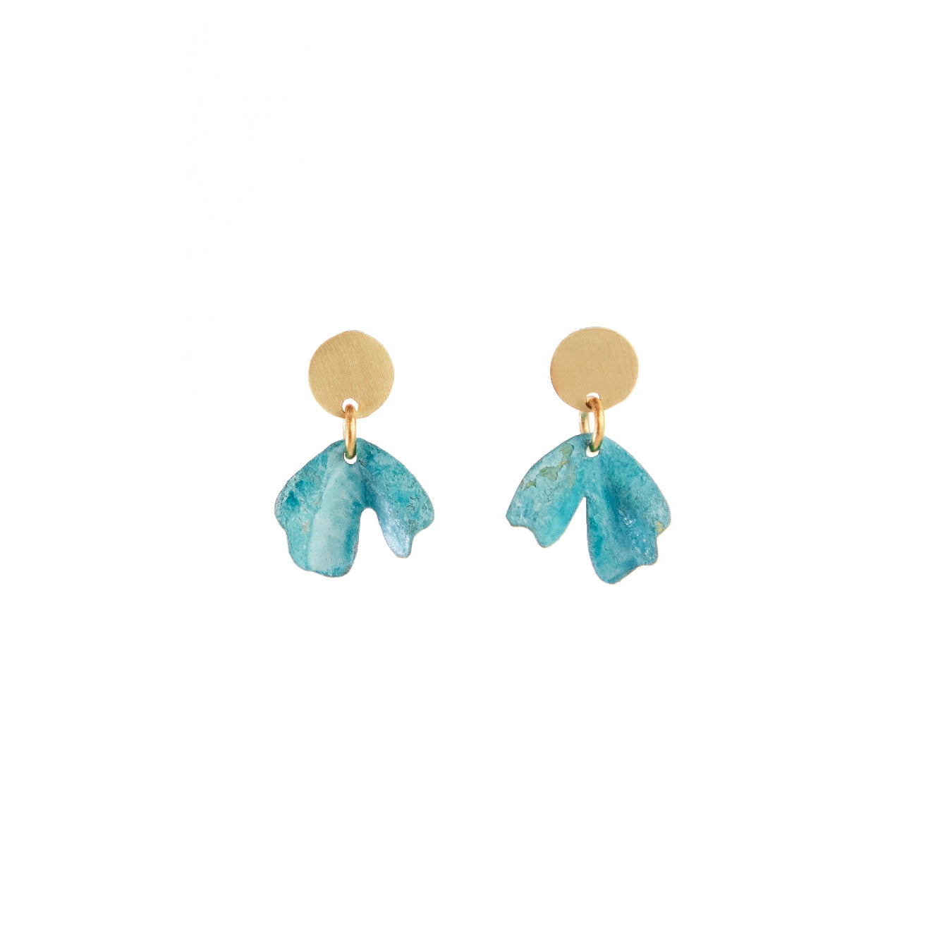 Pair of Sibilia Petal Droplet Earrings in Turquoise Patina, featuring round matte gold disc studs with two turquoise-blue textured petal-shaped drops hanging from each, on a white background