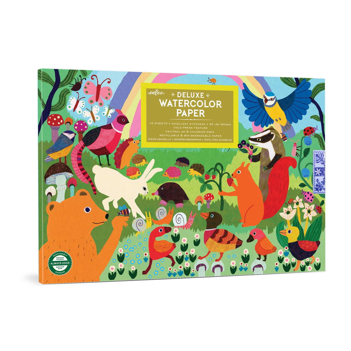 eeBoo Woodland Rainbow watercolor paper pad with a colorful cover of woodland animals, birds, flowers, and a rainbow.