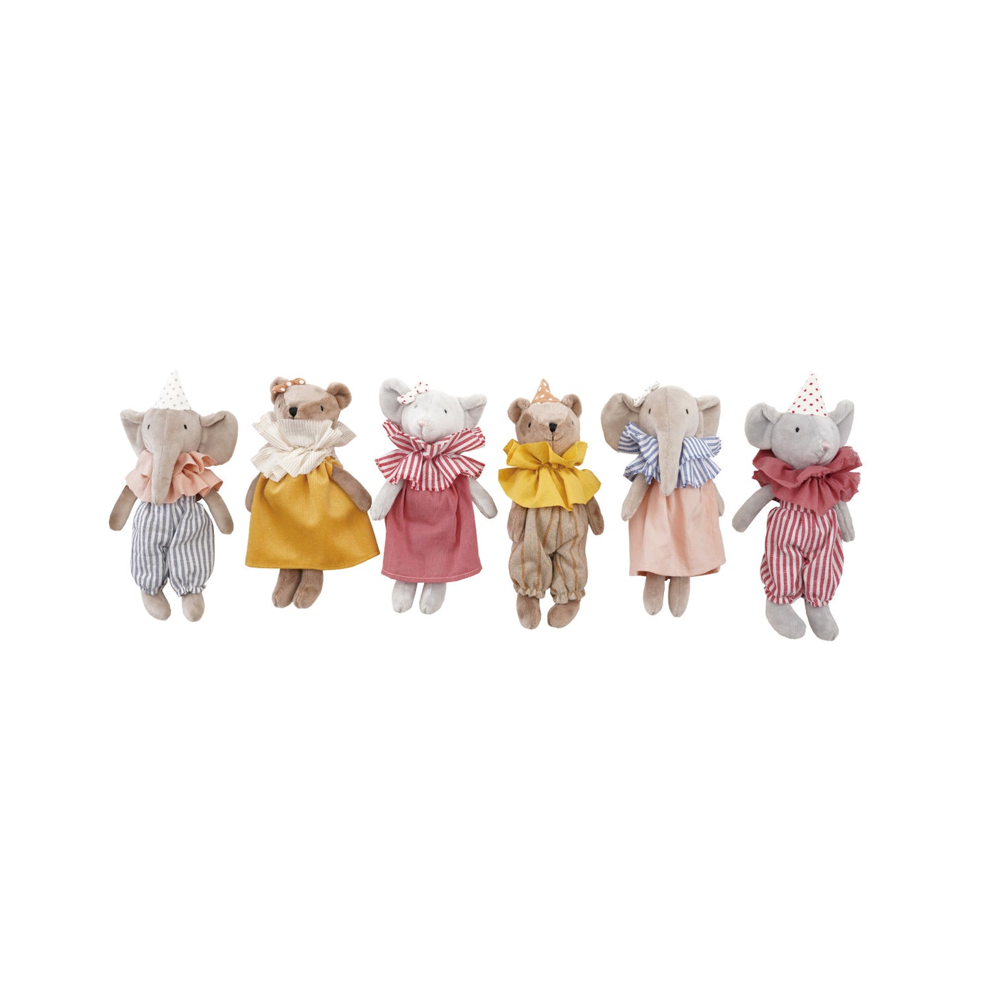 Set of six small plush toys in colorful outfits on a white background