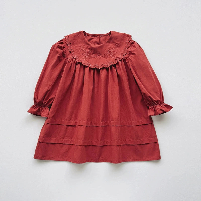 Embroidered Long Sleeve Dress in Crimson