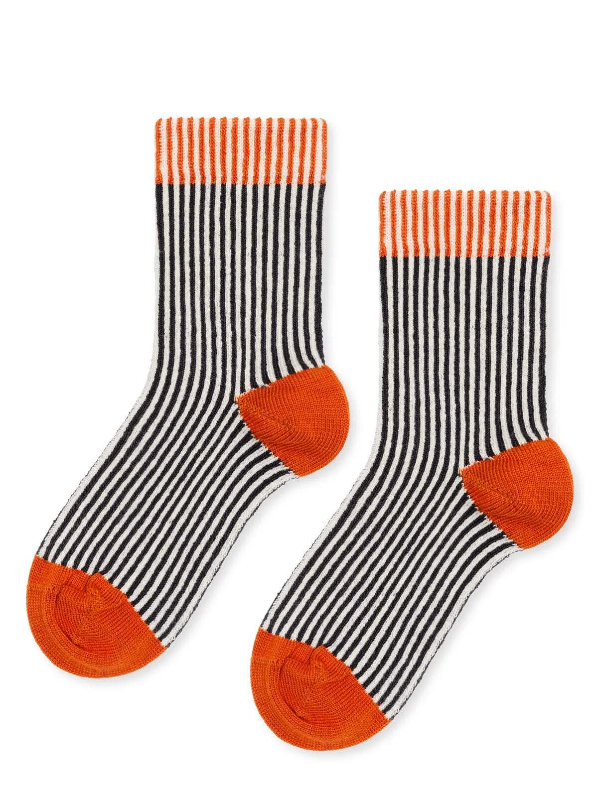Flat lay of Mini Umbrella Crew socks in Black with black-and-cream stripes, orange-striped cuffs, and orange heels and toes.