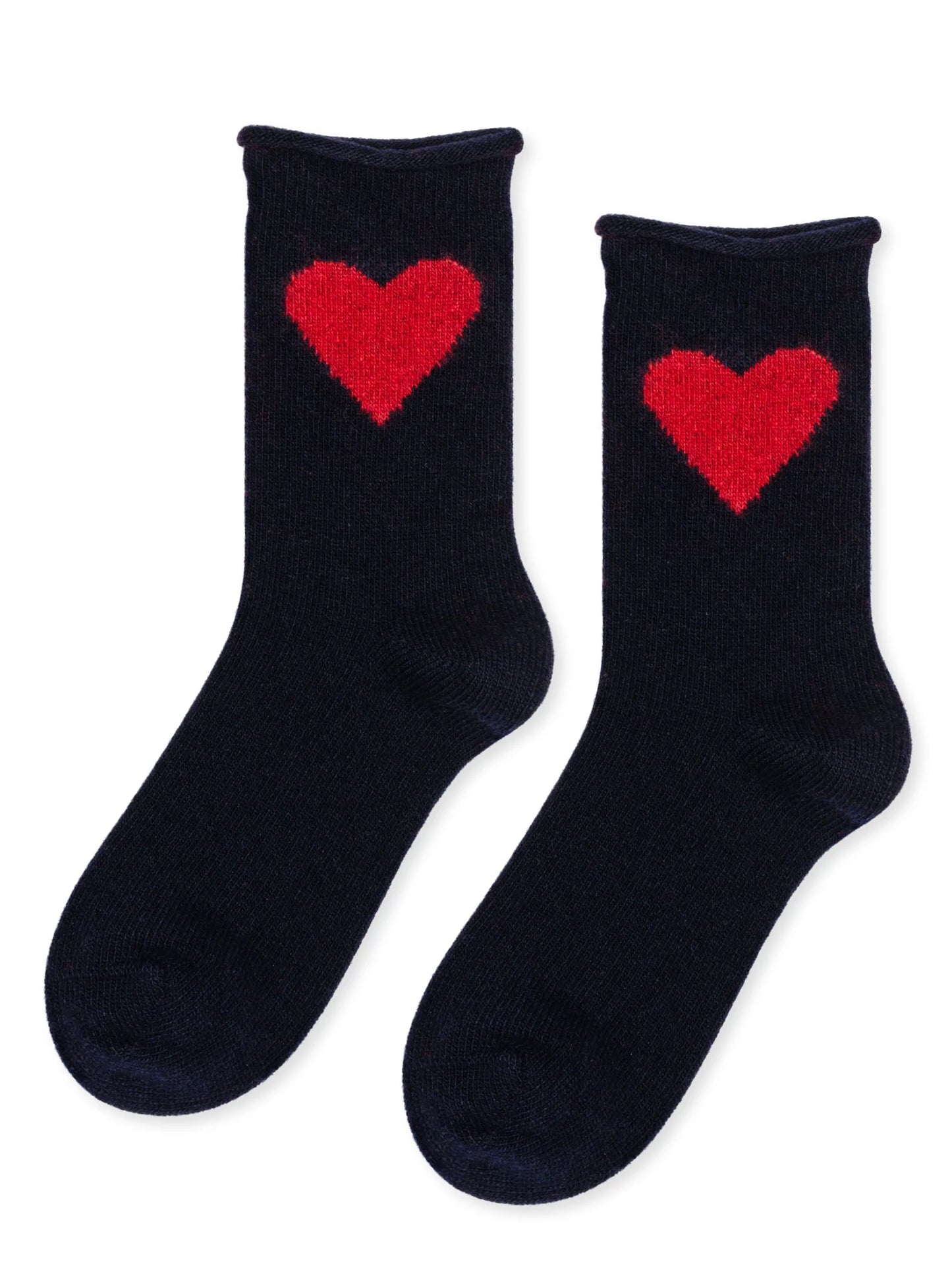 Love Cashmere Crew socks in Navy — navy cashmere crew with bold red heart motif and roll top cuff, flat lay pair on white background