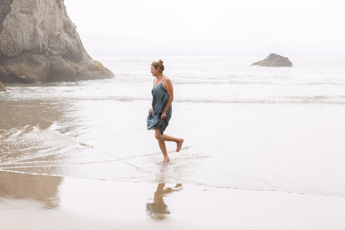 Portland musician, Hanna Haas, on running in ocean in CP Shades dress