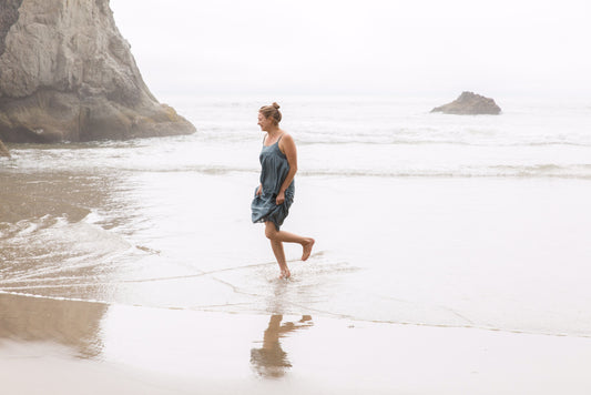 Portland musician, Hanna Haas, on running in ocean in CP Shades dress
