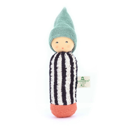 Small rattle doll with a striped outfit and green hat on a white background