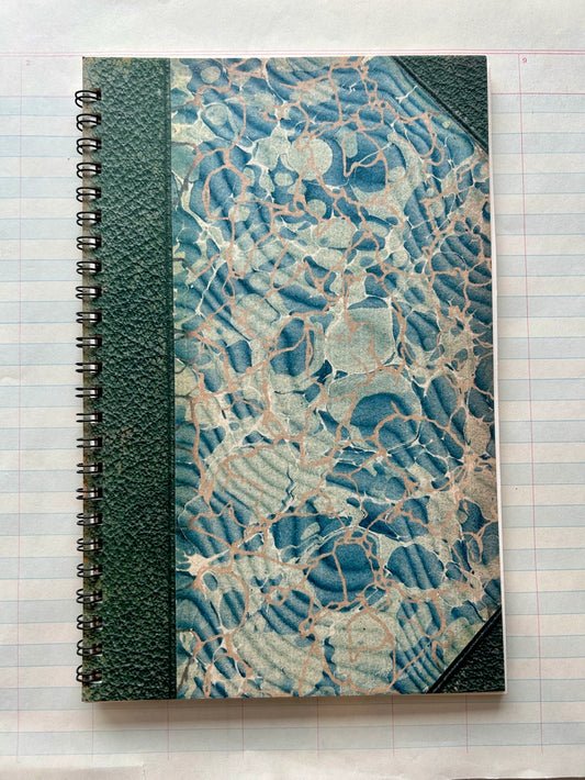Large Antique Endpaper Notebook, Blue & Green, Grid Lined