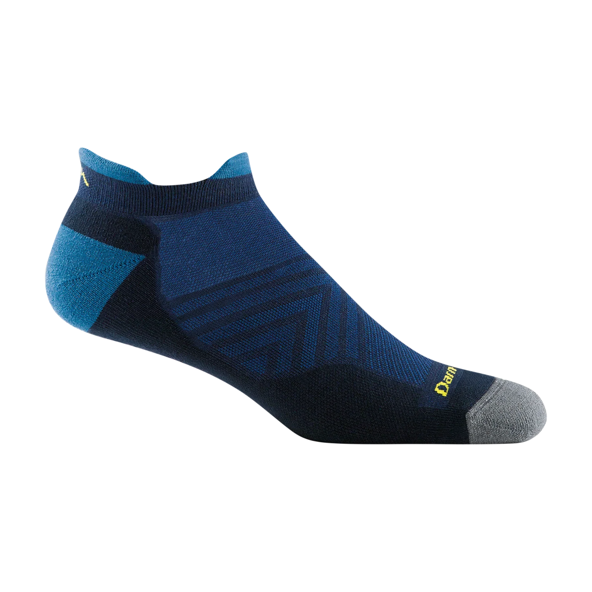 A single low-cut athletic sock in navy blue with teal accents on the heel, cuff, and toe, featuring a small yellow Darn Tough logo on the toe cap, shown against a plain white background.