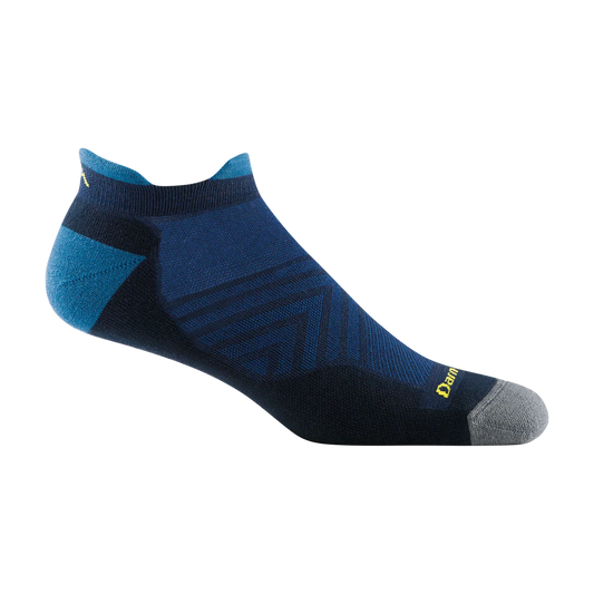 A single low-cut athletic sock in navy blue with teal accents on the heel, cuff, and toe, featuring a small yellow Darn Tough logo on the toe cap, shown against a plain white background.