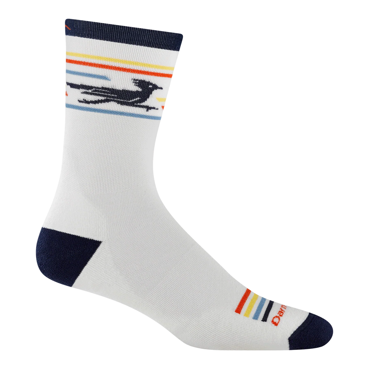 White sock with colorful stripes and a logo on a white background