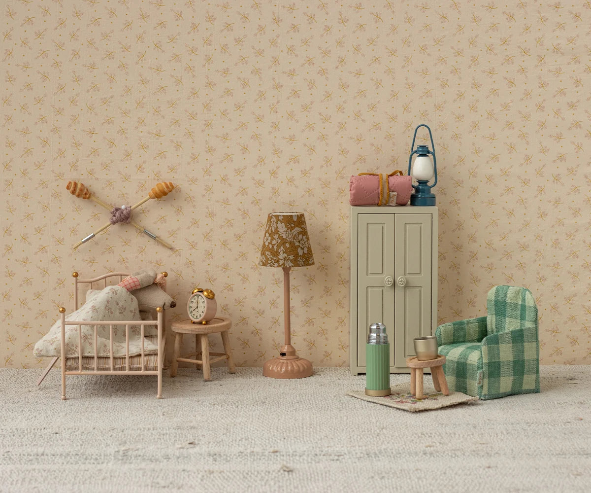 Maileg Vintage Lantern in Blue styled in a miniature mouse bedroom scene, sitting atop a sage green wardrobe alongside a rolled pink sleeping bag, with a mouse in bed, floral table lamp, alarm clock, green plaid armchair, and thermos nearby
