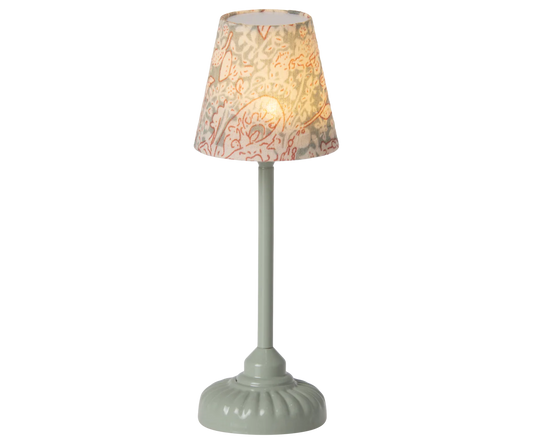 Maileg Vintage Floor Lamp in Mint — miniature metal floor lamp with a mint green base and stem, topped with a floral cotton shade in blush and sage, shown illuminated against a white background
