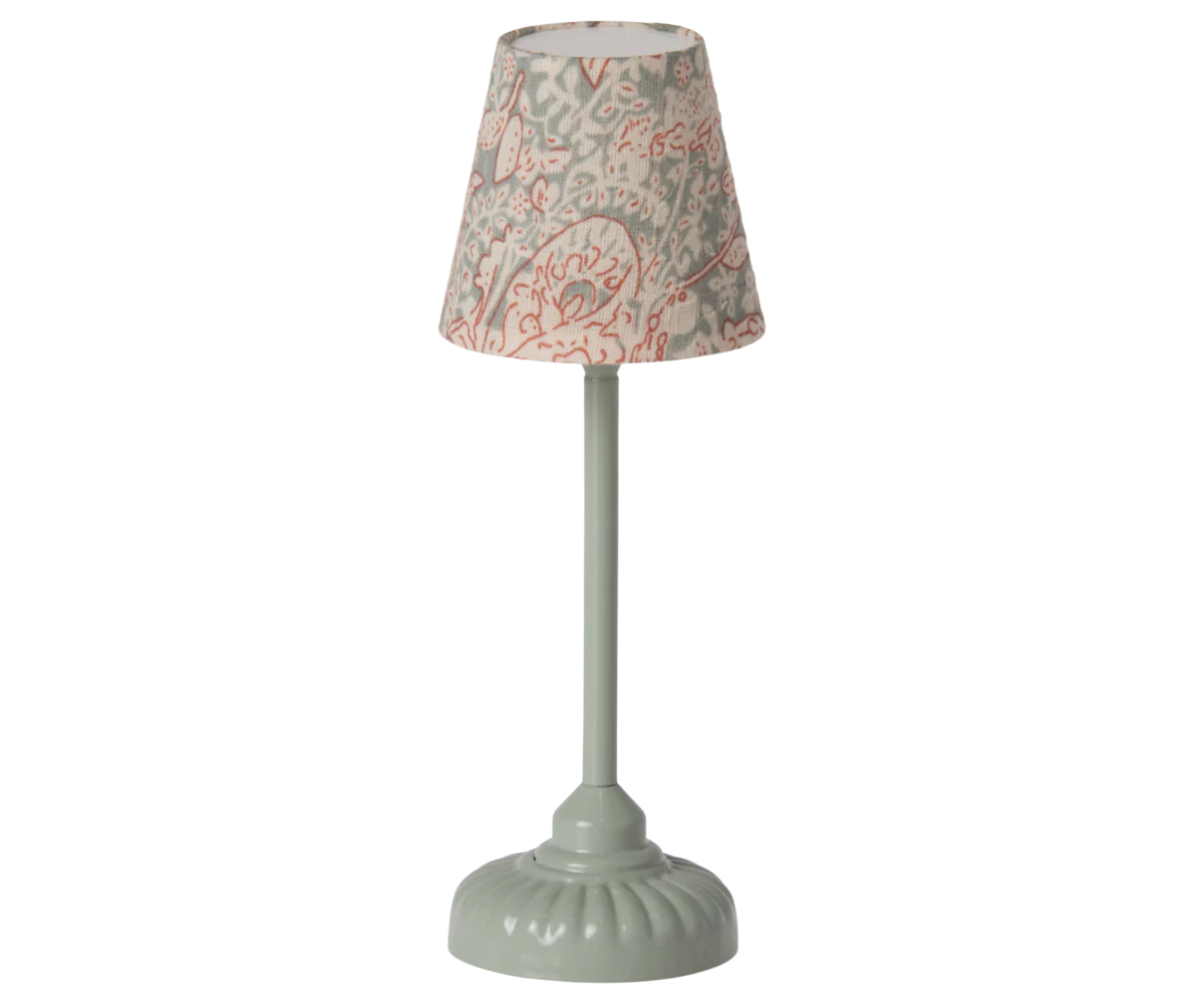 Maileg Vintage Floor Lamp in Mint — miniature metal floor lamp with a mint green base and stem, topped with a floral cotton shade in blush and sage, shown unlit against a white background
