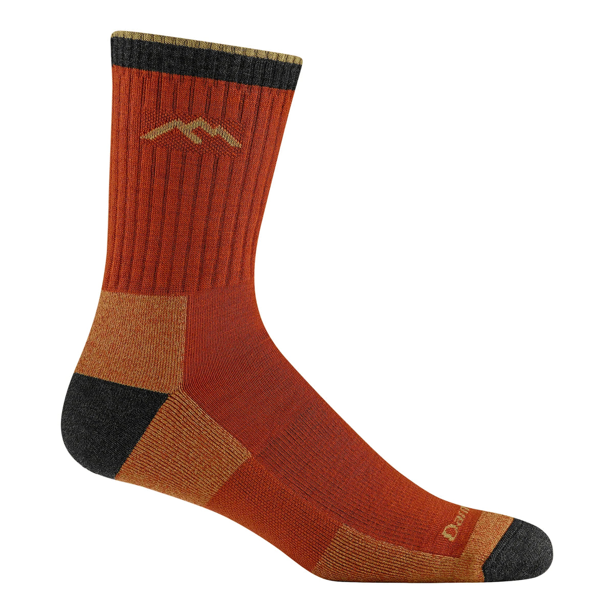 Darn Tough rust-orange micro crew hiking sock with a tan mountain motif, amber foot panels, and black cuff, heel, and toe.
