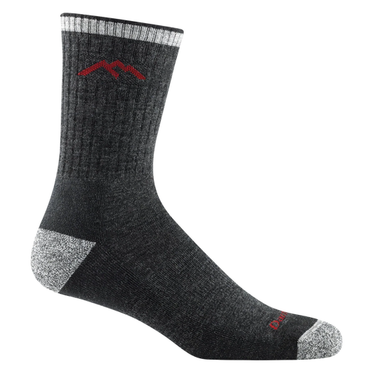 A single dark gray ribbed crew sock with a red mountain logo on the upper calf and a lighter gray toe and heel, shown on a plain white background.