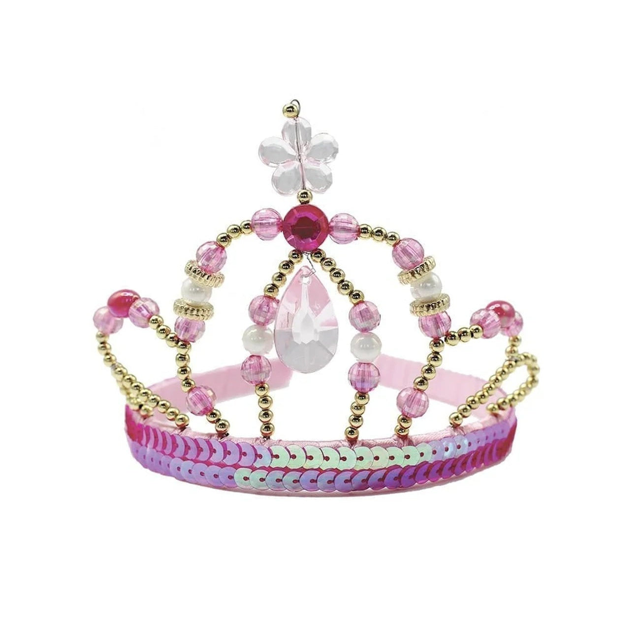 A pink and gold fairy princess tiara with sparkling pearls and a floral embellishment in the center.