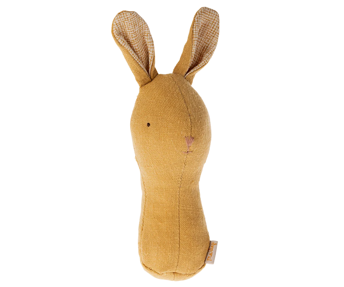 Maileg Lullaby Friends Bunny Rattle in Dusty Yellow on a white background — a soft warm golden-yellow linen bunny rattle with tall upright tonal woven linen ears
