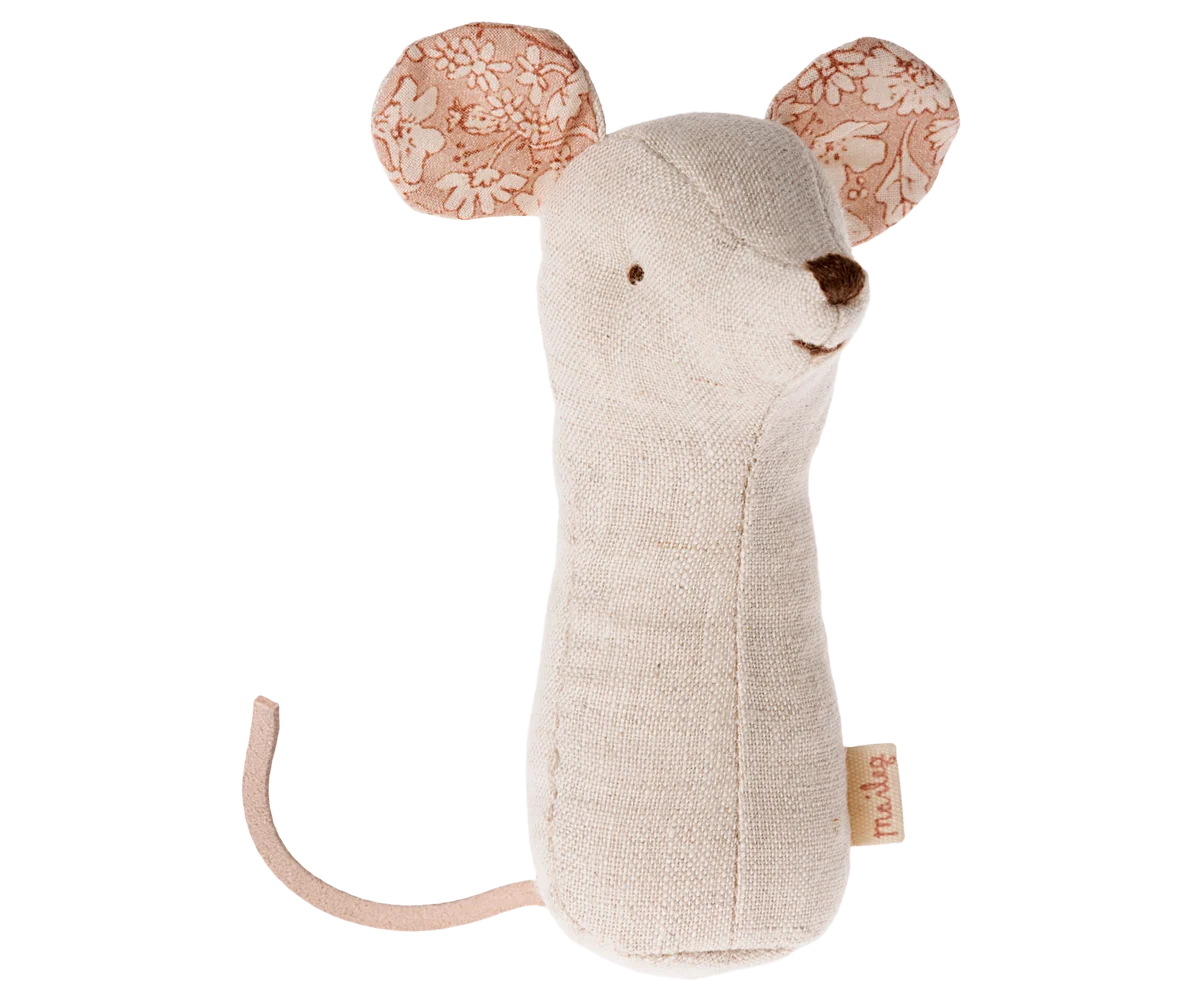 Maileg Lullaby Friends Mouse Rattle in Natural on a white background — a soft cream linen mouse rattle with round floral-lined ears, embroidered nose, and pink tail
