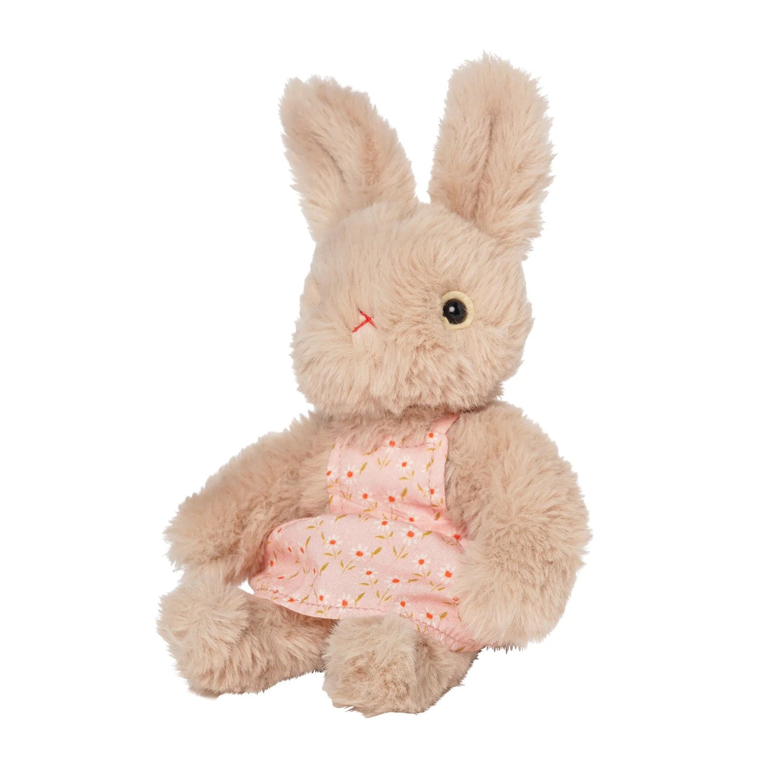A rabbit stuffed toy in a pink floral apron