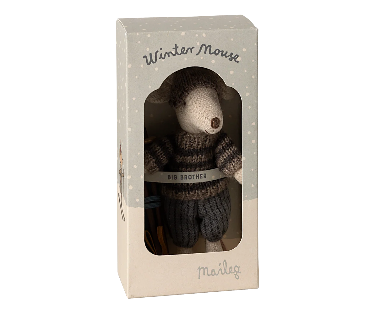 Maileg Winter Mouse Ski Big Brother — linen mouse doll in a brown striped knit sweater and dark ribbed trousers, displayed inside the Winter Mouse gift box labeled Big Brother
