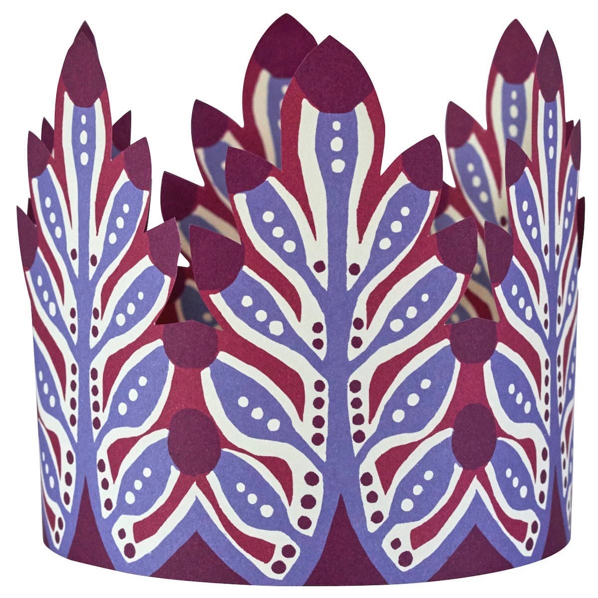 Decorative paper crowns with purple and red patterns on a white background