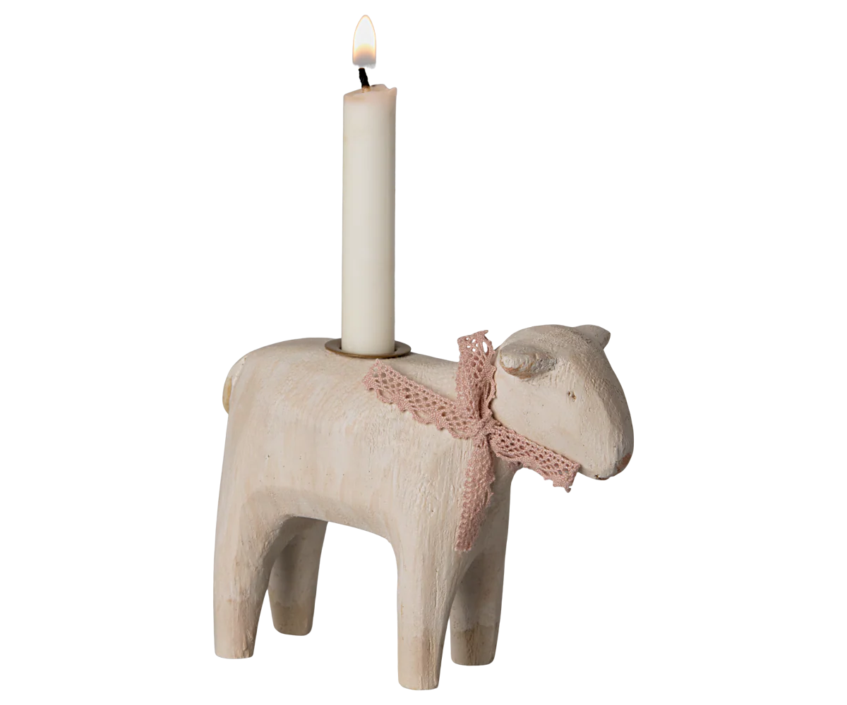 Maileg | Wooden Candle Holder with Candle - Lamb, Rose